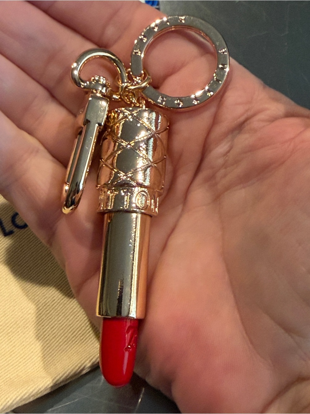 Gold Lipstick Keychain with Bright Red Lipstick Accent